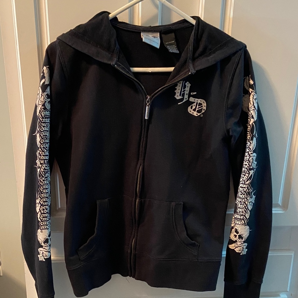 Harley-Davidson Black womens Zip Hoodie with White Skull Sleeve Graphics